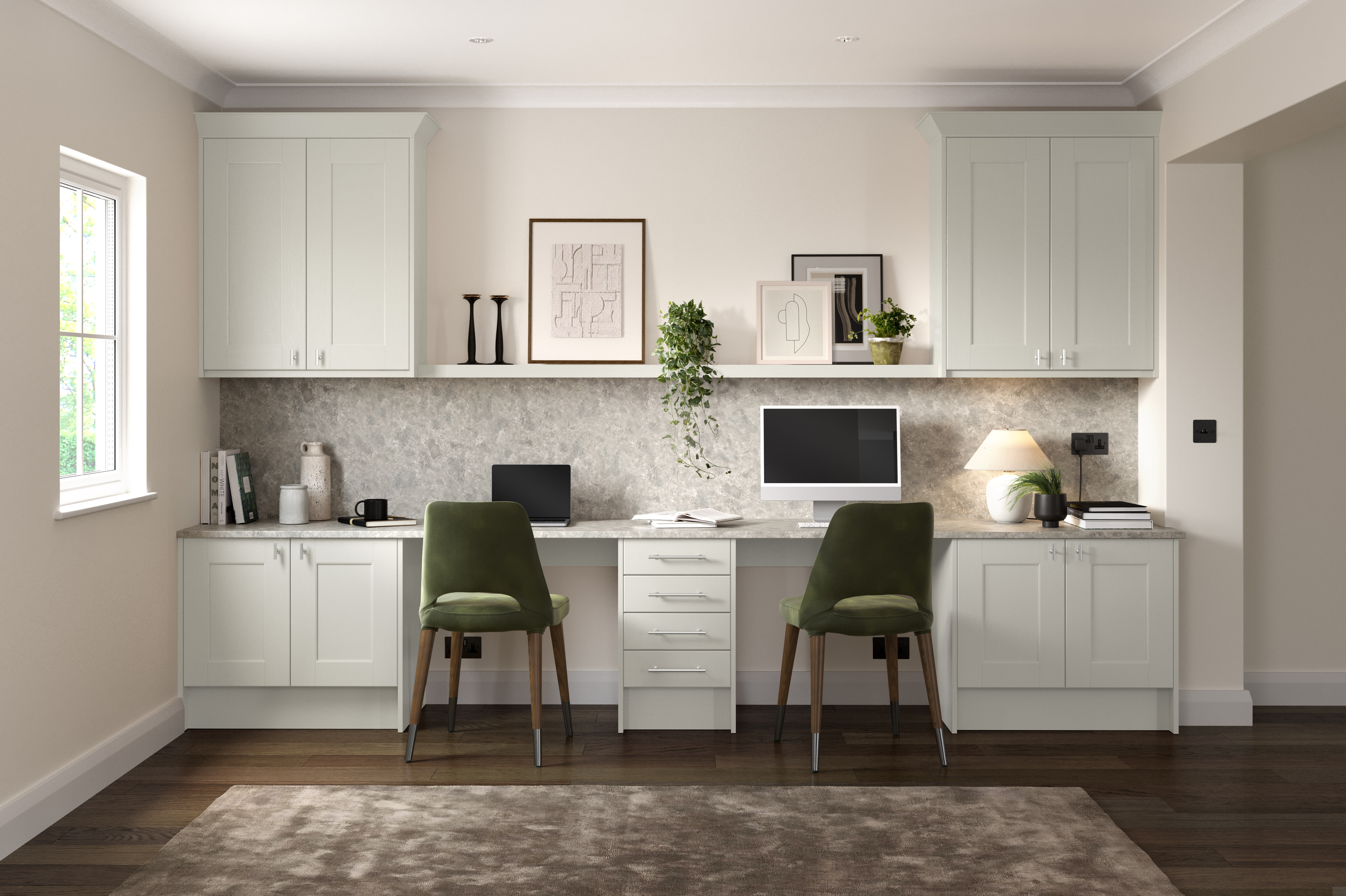 Bespoke dove grey cabinetry with elegant panelled doors